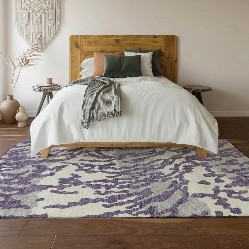 Purple And Ivory Animal Print Washable Area Rug With UV Protection Photo 6