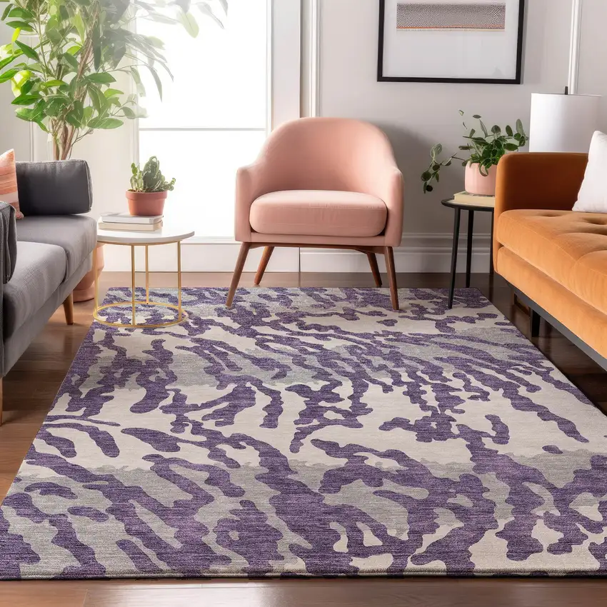 Purple And Ivory Animal Print Washable Area Rug With UV Protection Photo 5