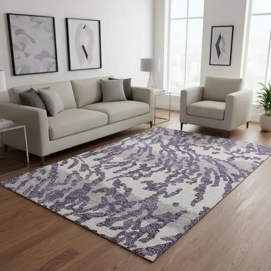 Purple And Ivory Animal Print Washable Area Rug With UV Protection Photo 2