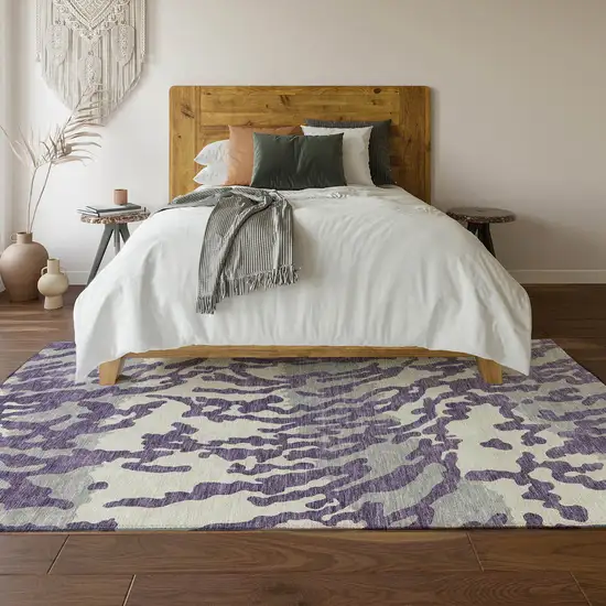 Purple And Ivory Animal Print Washable Area Rug With UV Protection Photo 6