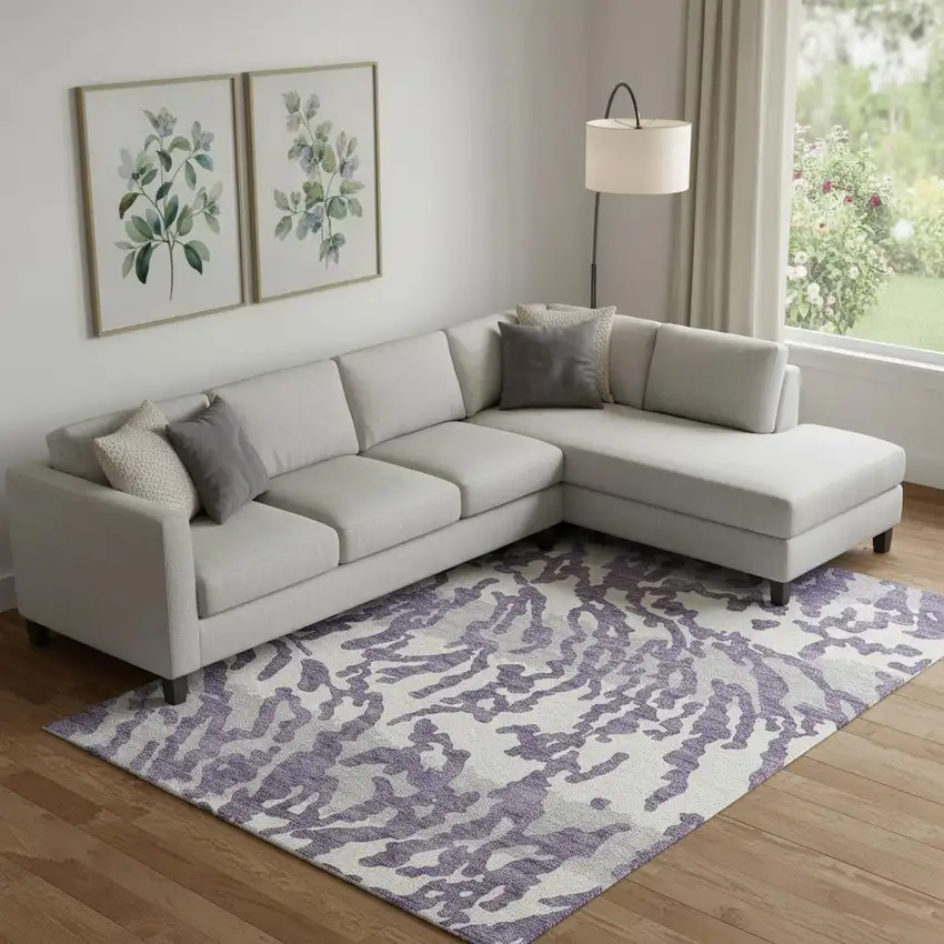 Purple And Ivory Animal Print Washable Area Rug With UV Protection Photo 1