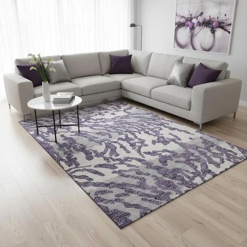 Purple And Ivory Animal Print Washable Area Rug With UV Protection Photo 2