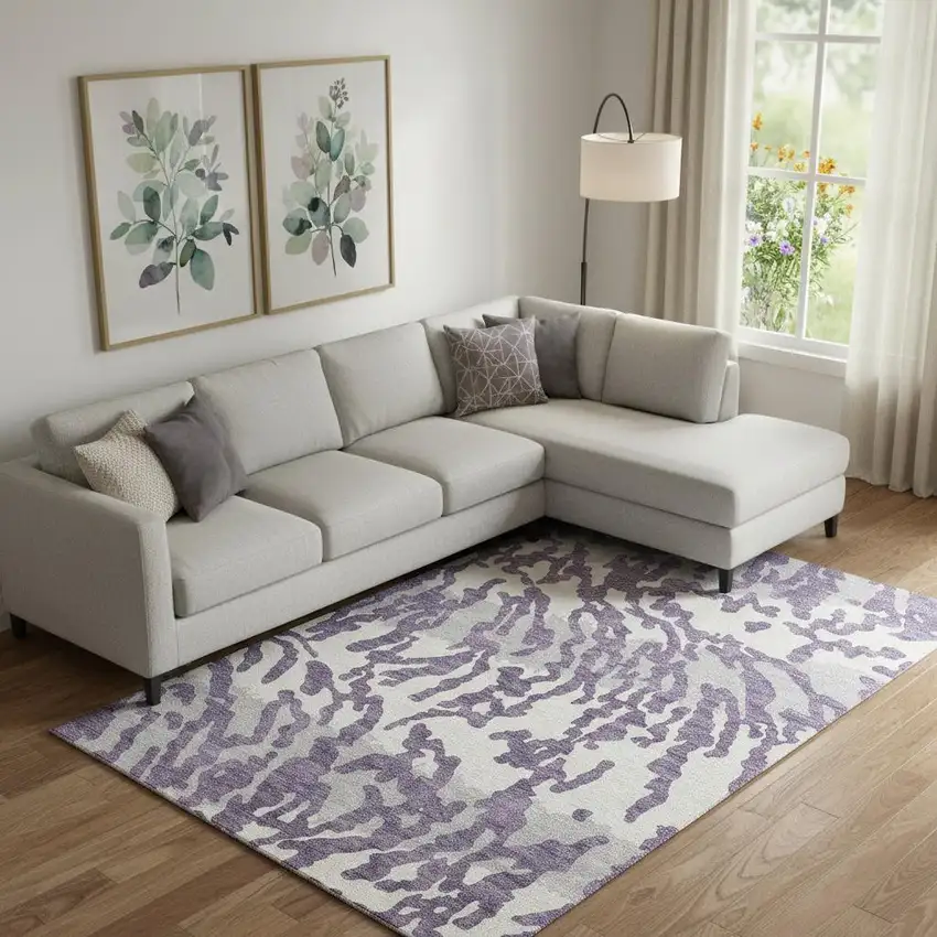 Purple And Ivory Animal Print Washable Area Rug With UV Protection Photo 1