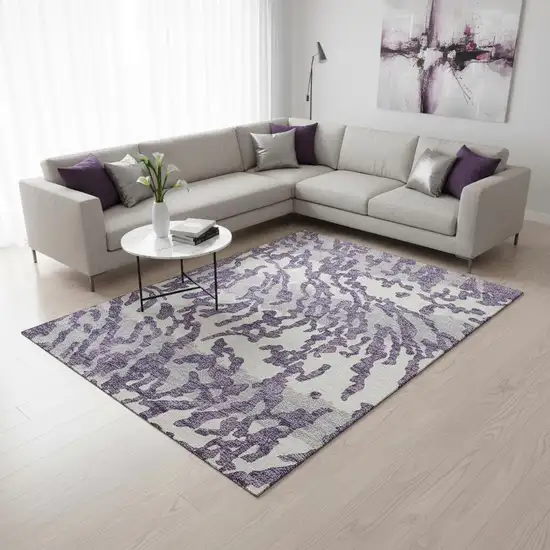 Purple And Ivory Animal Print Washable Area Rug With UV Protection Photo 2