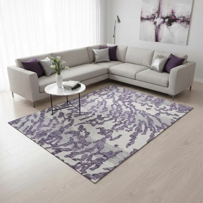 Purple And Ivory Animal Print Washable Area Rug With UV Protection Photo 2