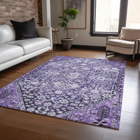 Purple And Ivory Aztec Washable Indoor Outdoor Area Rug Photo 5