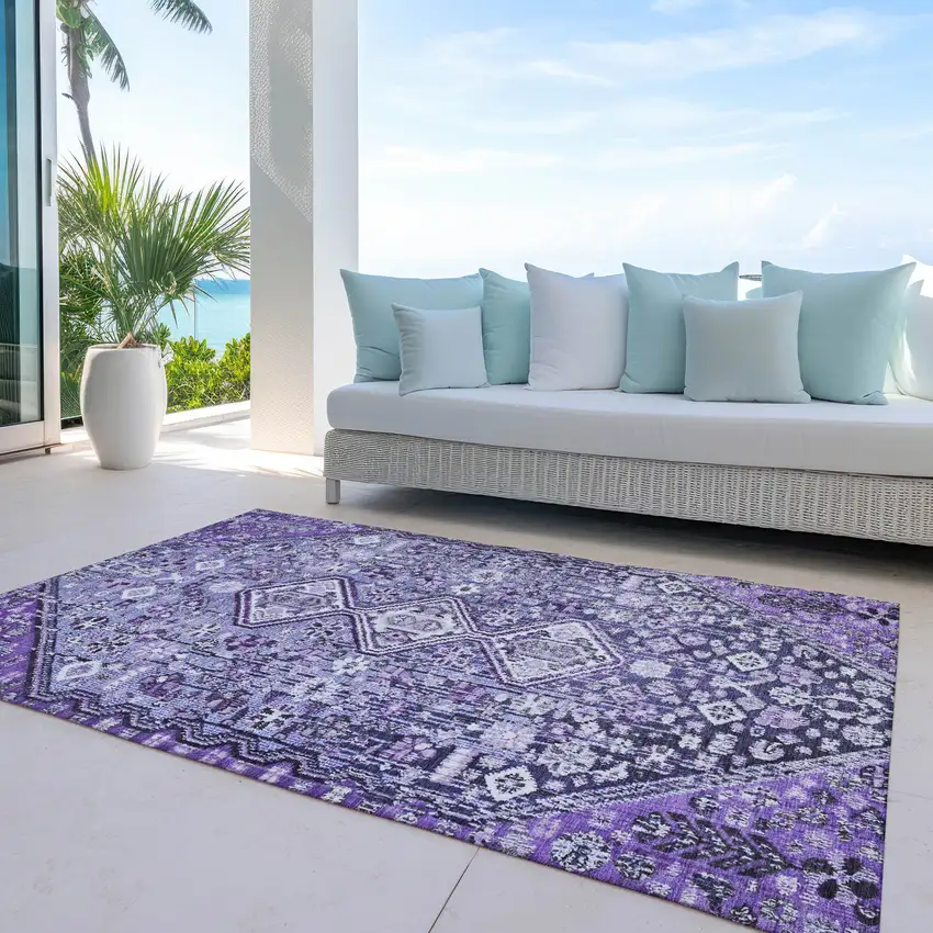 Purple And Ivory Aztec Washable Indoor Outdoor Area Rug Photo 5