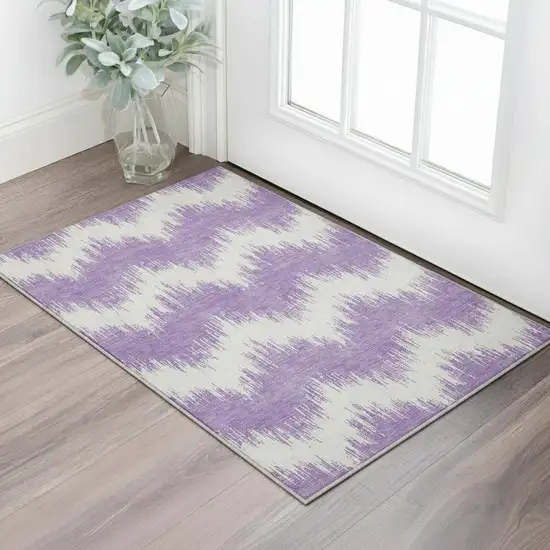 Purple And Ivory Chevron Washable Area Rug With UV Protection Photo 2
