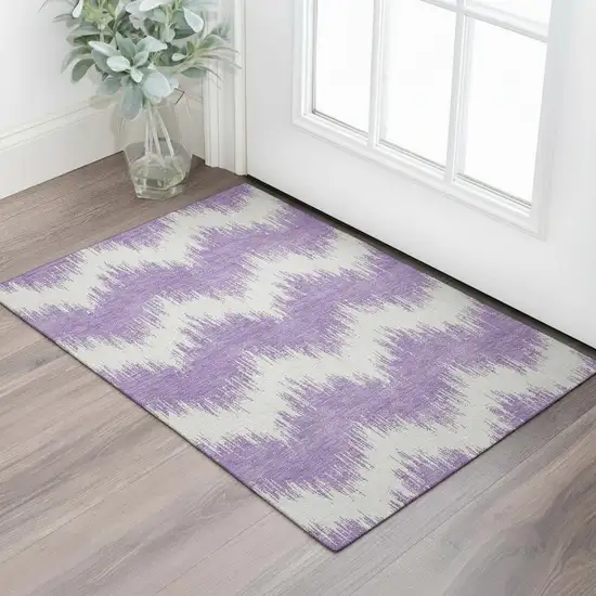 Purple And Ivory Chevron Washable Area Rug With UV Protection Photo 1