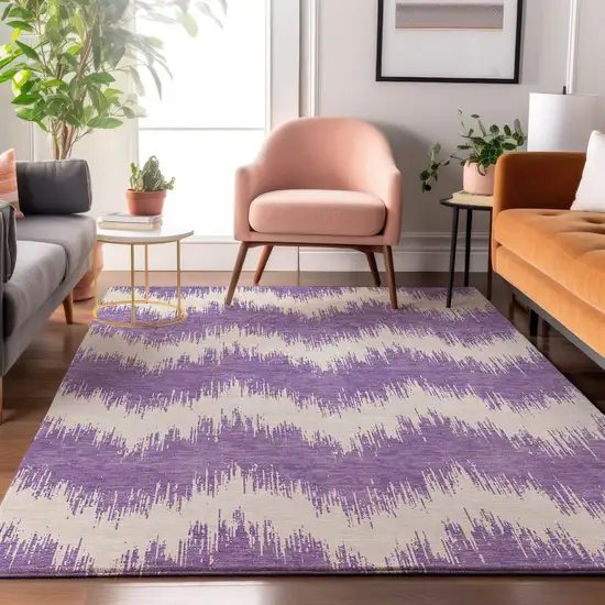 Purple And Ivory Chevron Washable Area Rug With UV Protection Photo 5
