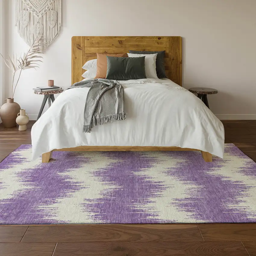 Purple And Ivory Chevron Washable Area Rug With UV Protection Photo 6