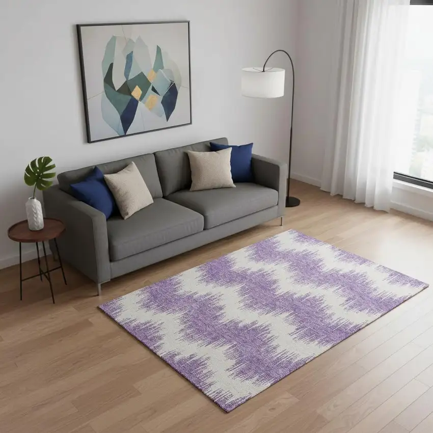 Purple And Ivory Chevron Washable Area Rug With UV Protection Photo 2