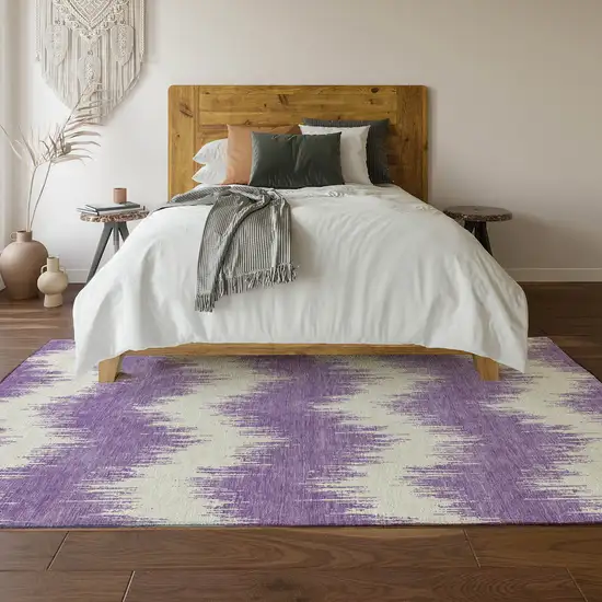 Purple And Ivory Chevron Washable Area Rug With UV Protection Photo 6