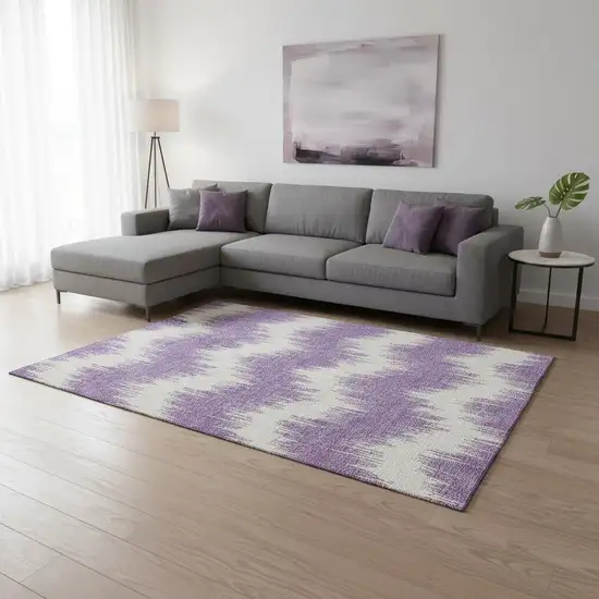 Purple And Ivory Chevron Washable Area Rug With UV Protection Photo 2