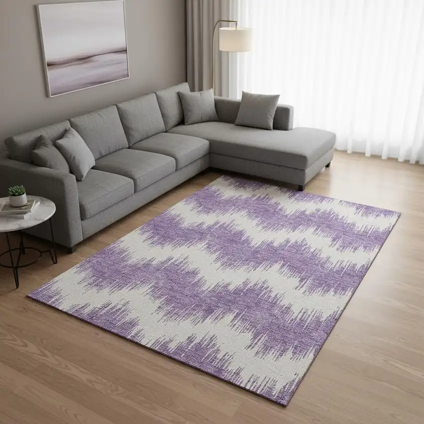 Purple And Ivory Chevron Washable Area Rug With UV Protection Photo 2