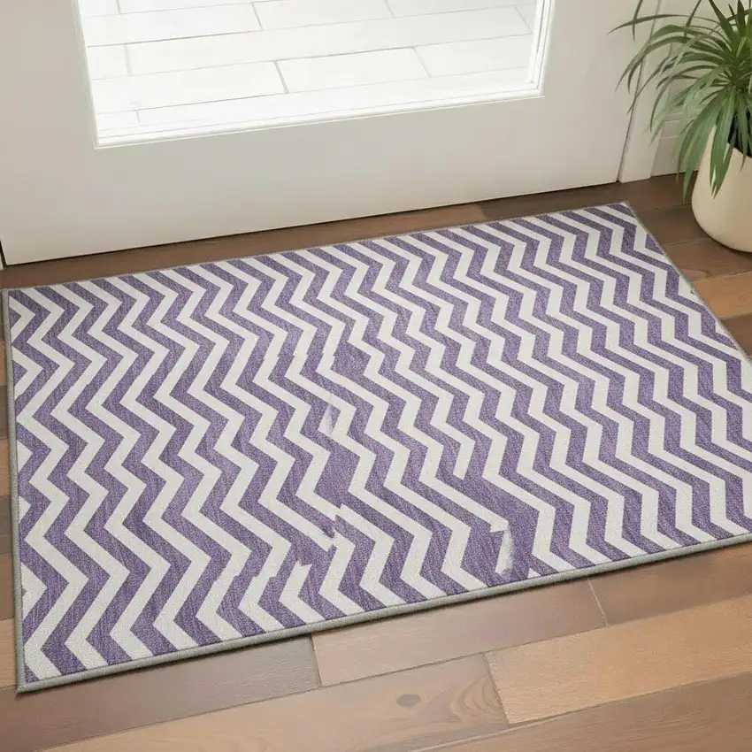 Purple And Ivory Chevron Washable Area Rug With UV Protection Photo 2