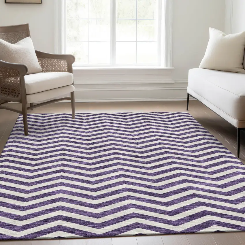 Purple And Ivory Chevron Washable Area Rug With UV Protection Photo 6