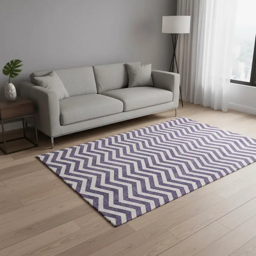 Purple And Ivory Chevron Washable Area Rug With UV Protection Photo 2
