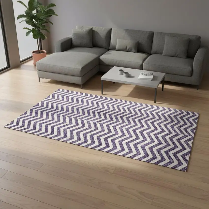 Purple And Ivory Chevron Washable Area Rug With UV Protection Photo 2