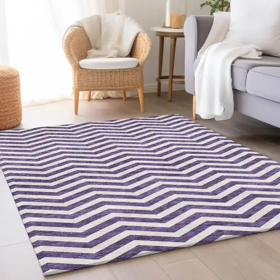 Purple And Ivory Chevron Washable Area Rug With UV Protection Photo 4