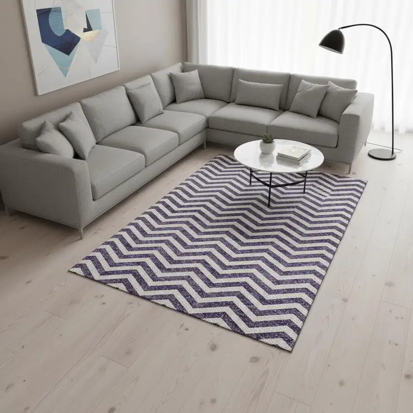 Purple And Ivory Chevron Washable Area Rug With UV Protection Photo 2