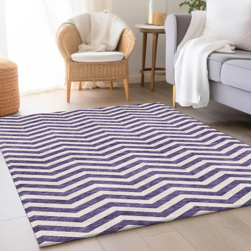 Purple And Ivory Chevron Washable Area Rug With UV Protection Photo 4