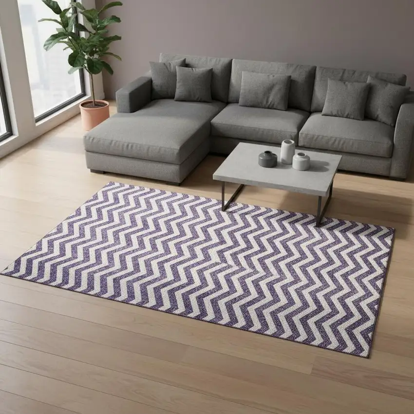 Purple And Ivory Chevron Washable Area Rug With UV Protection Photo 2