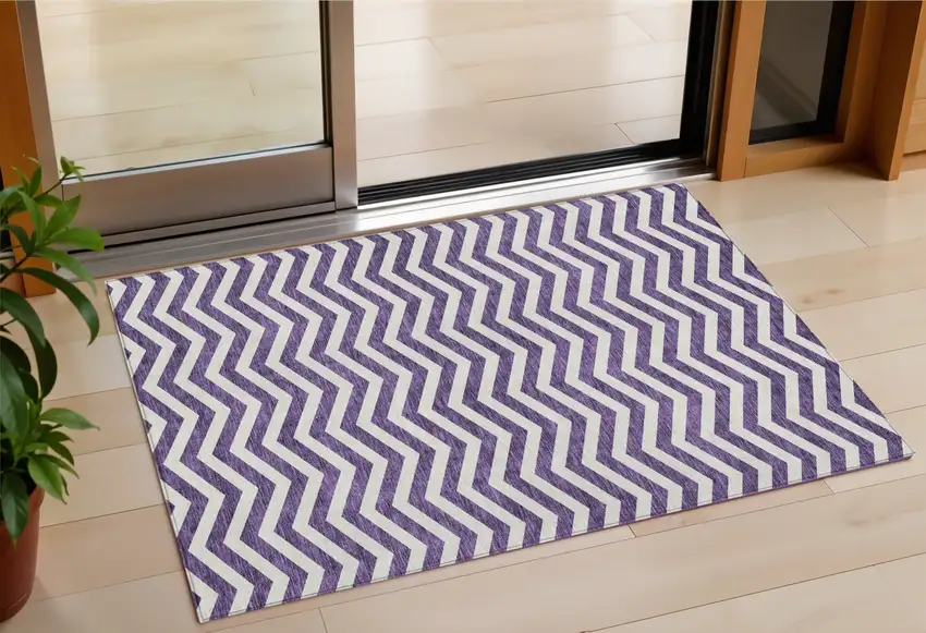 Purple And Ivory Chevron Washable Indoor Outdoor Area Rug Photo 1