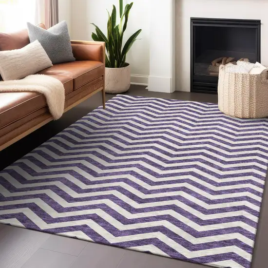 Purple And Ivory Chevron Washable Indoor Outdoor Area Rug Photo 9