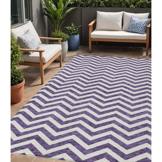 Purple And Ivory Chevron Washable Indoor Outdoor Area Rug Photo 1