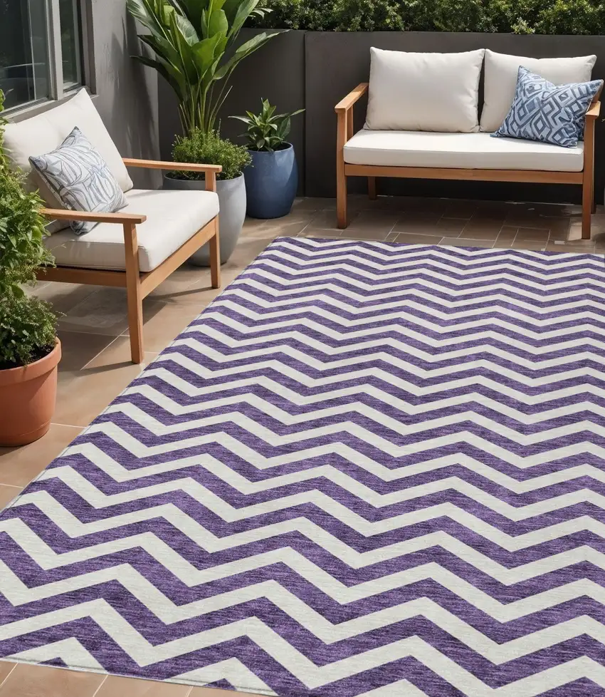 Purple And Ivory Chevron Washable Indoor Outdoor Area Rug Photo 1