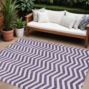 Photo of Purple And Ivory Chevron Washable Indoor Outdoor Area Rug