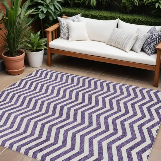 Purple And Ivory Chevron Washable Indoor Outdoor Area Rug Photo 1