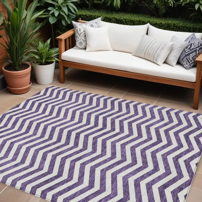 Purple And Ivory Chevron Washable Indoor Outdoor Area Rug Photo 1