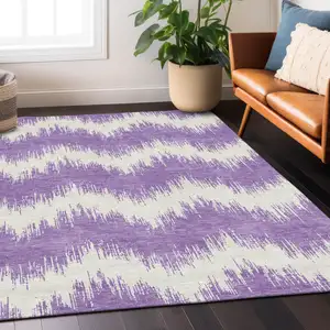 Photo of Purple And Ivory Chevron Washable Indoor Outdoor Area Rug