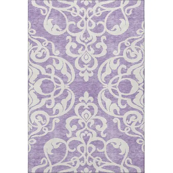 Purple And Ivory Damask Washable Area Rug With UV Protection Photo 3