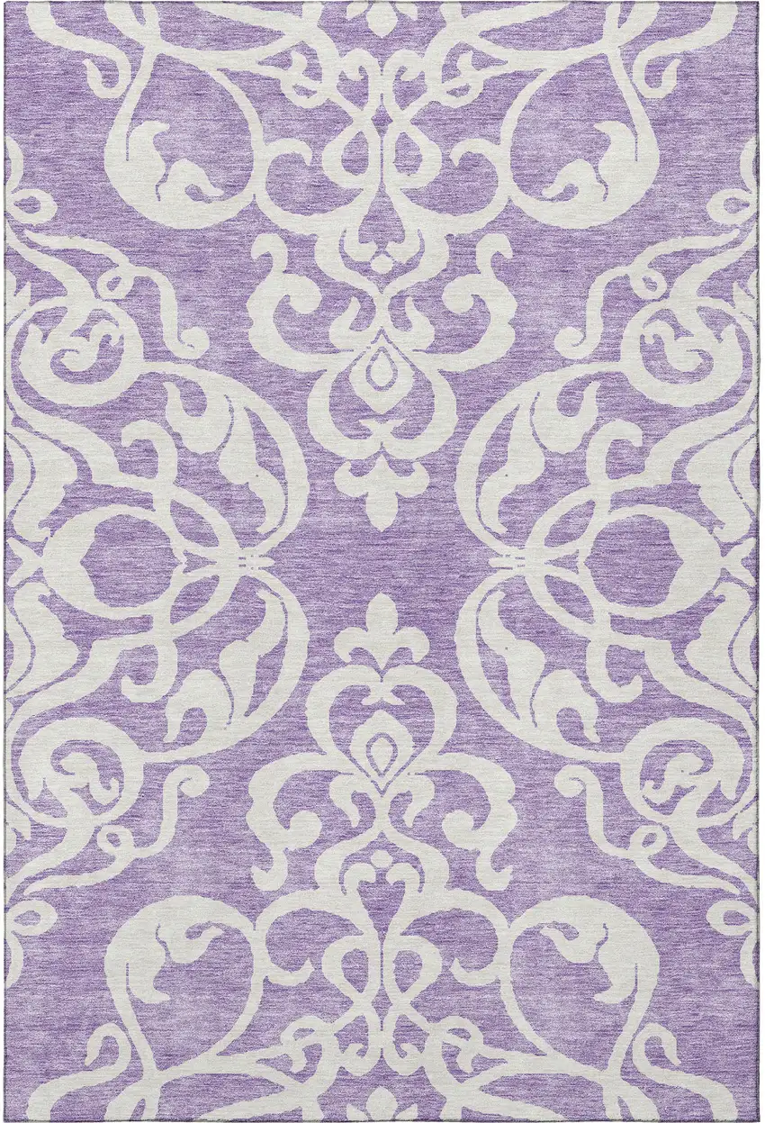 Purple And Ivory Damask Washable Area Rug With UV Protection Photo 3