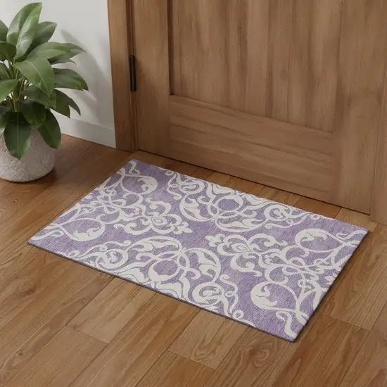 Purple And Ivory Damask Washable Area Rug With UV Protection Photo 1