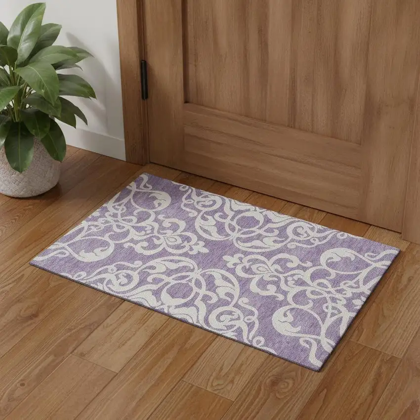 Purple And Ivory Damask Washable Area Rug With UV Protection Photo 1