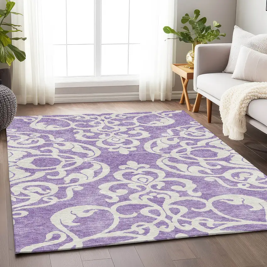 Purple And Ivory Damask Washable Area Rug With UV Protection Photo 4