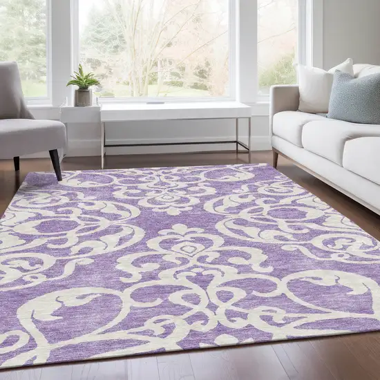 Purple And Ivory Damask Washable Area Rug With UV Protection Photo 5