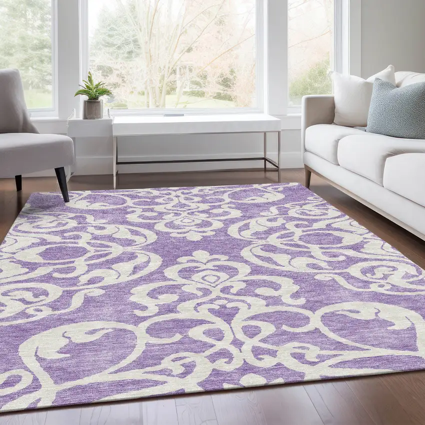 Purple And Ivory Damask Washable Area Rug With UV Protection Photo 5