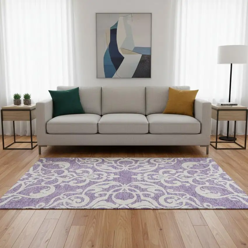 Purple And Ivory Damask Washable Area Rug With UV Protection Photo 2