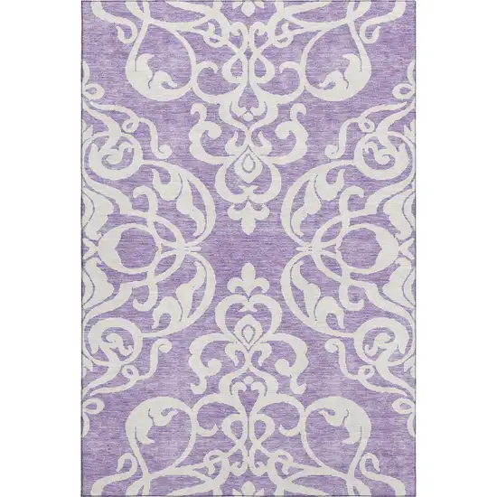 Purple And Ivory Damask Washable Area Rug With UV Protection Photo 1