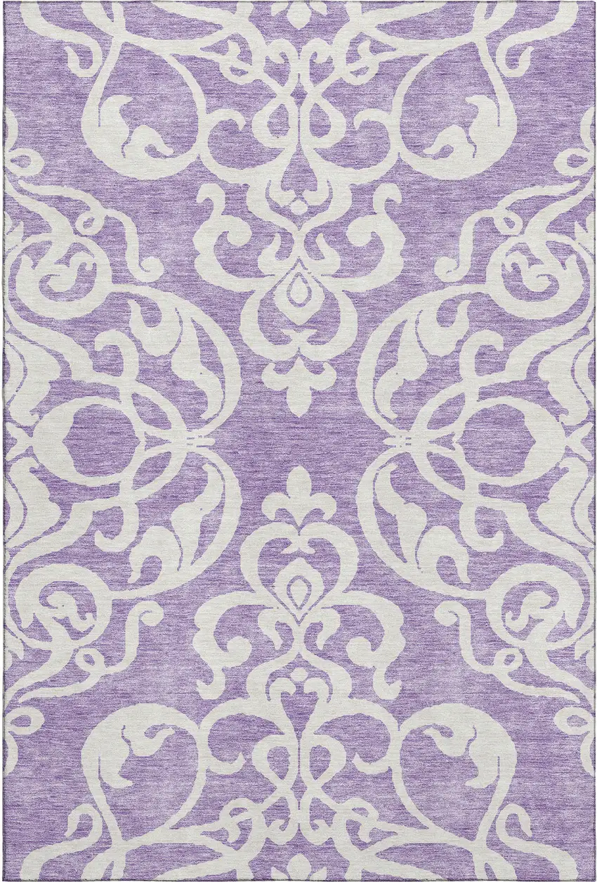 Purple And Ivory Damask Washable Area Rug With UV Protection Photo 1