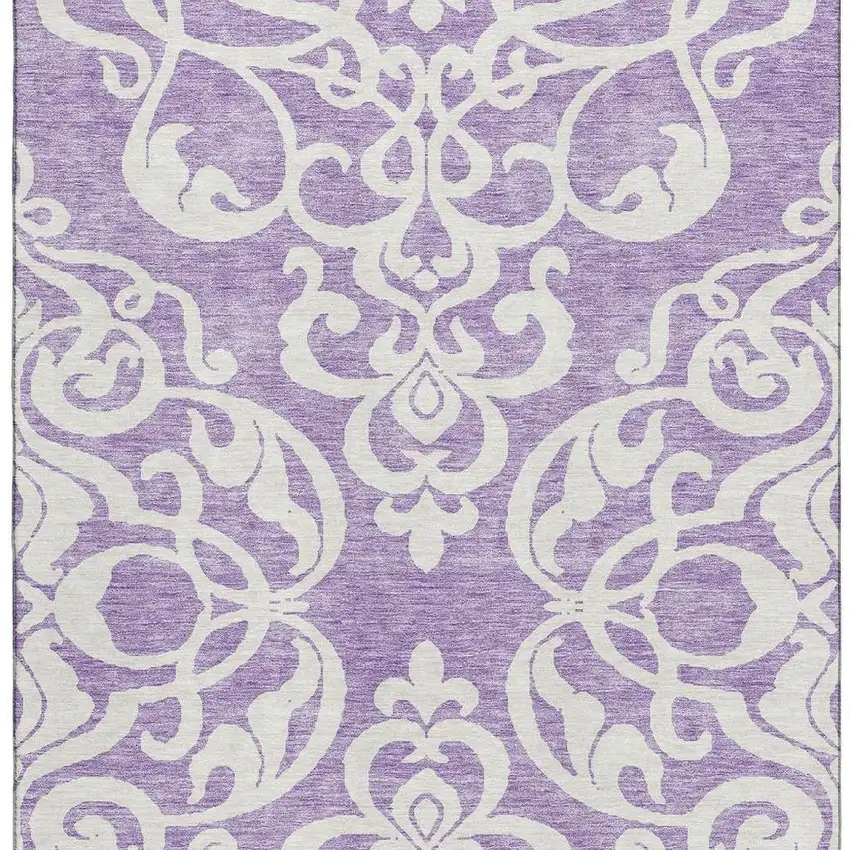 Purple And Ivory Damask Washable Area Rug With UV Protection Photo 3
