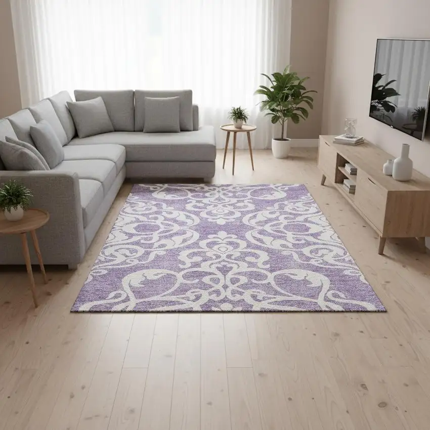 Purple And Ivory Damask Washable Area Rug With UV Protection Photo 2