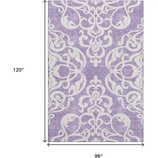 Purple And Ivory Damask Washable Area Rug With UV Protection Photo 9