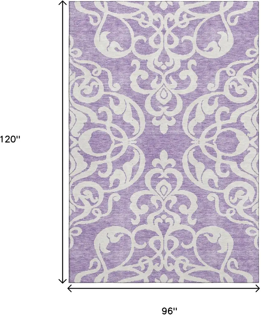 Purple And Ivory Damask Washable Area Rug With UV Protection Photo 9