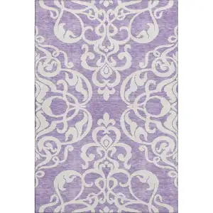 Photo of Purple And Ivory Damask Washable Area Rug With UV Protection